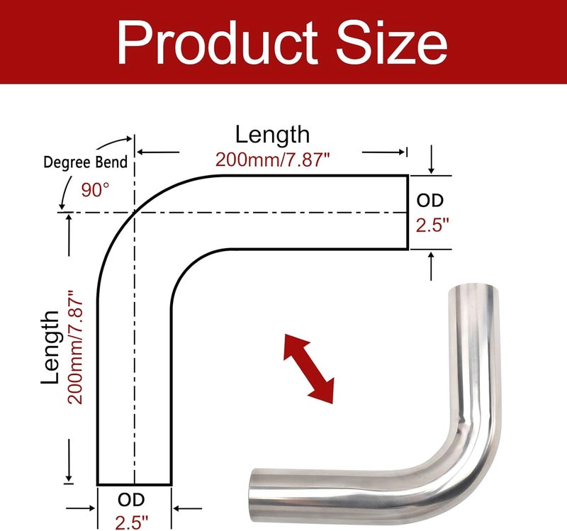 BIGREAT OD 2.5'' Inch (63MM) 90 Degree Bend Elbow Stainless Steel Turbocharger Pipe Tube Intercooler Pipe High Class Brushed Treatment Air Intake Tube Pipe Polished Universal-2PCS - Image 2